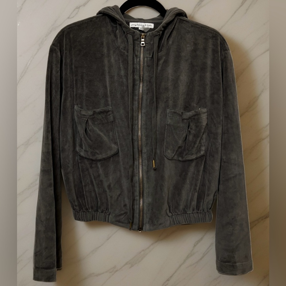 YOUNG FABULOUS & BROKE-Velour Fritzy Hooded Grey Mid-Length Jacket Sz MEDIUM